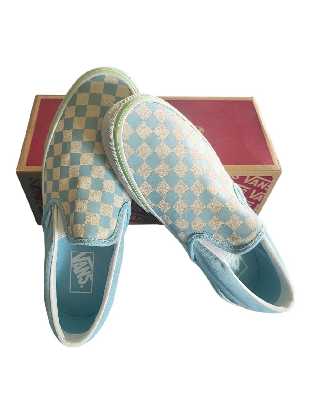 NEW Vans Classic Slip-On Crystal Blue Checkerboard Lime Green Suede M 8.5 W 10